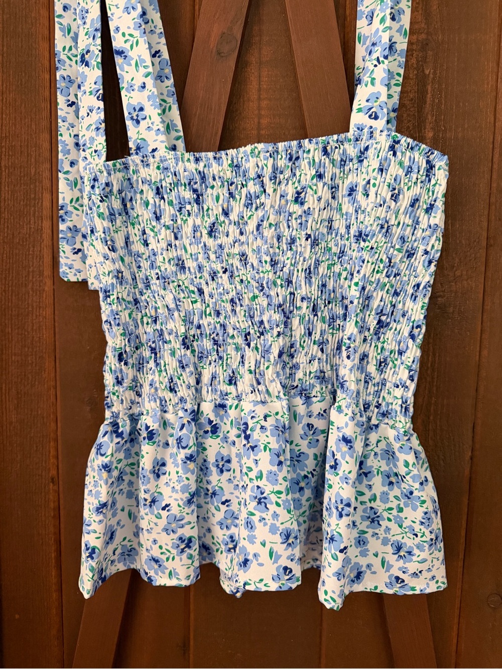 Blue & White Floral Smocked Tank Top